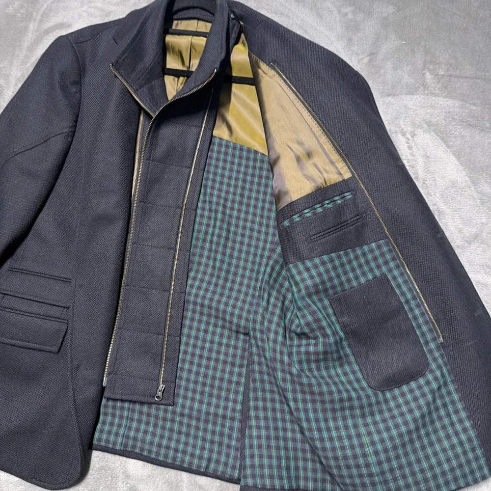 Q Mens Blazer Jacket 44R Navy Blue Zip‎ Inset Wool Plaid Lining Textured Coat